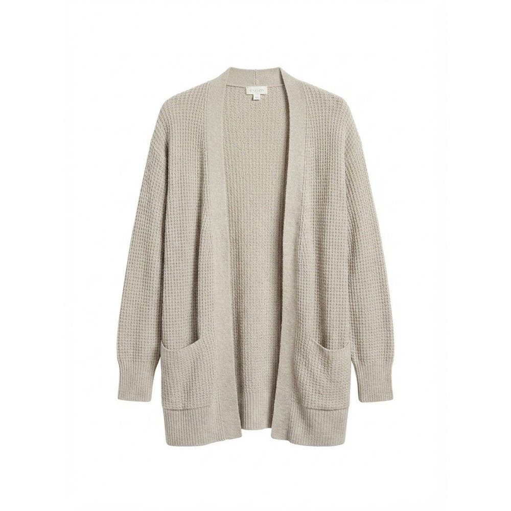 Caslon Cardigan Womens Large Beige Waffle Knit Open Front Pockets Cozy Chic